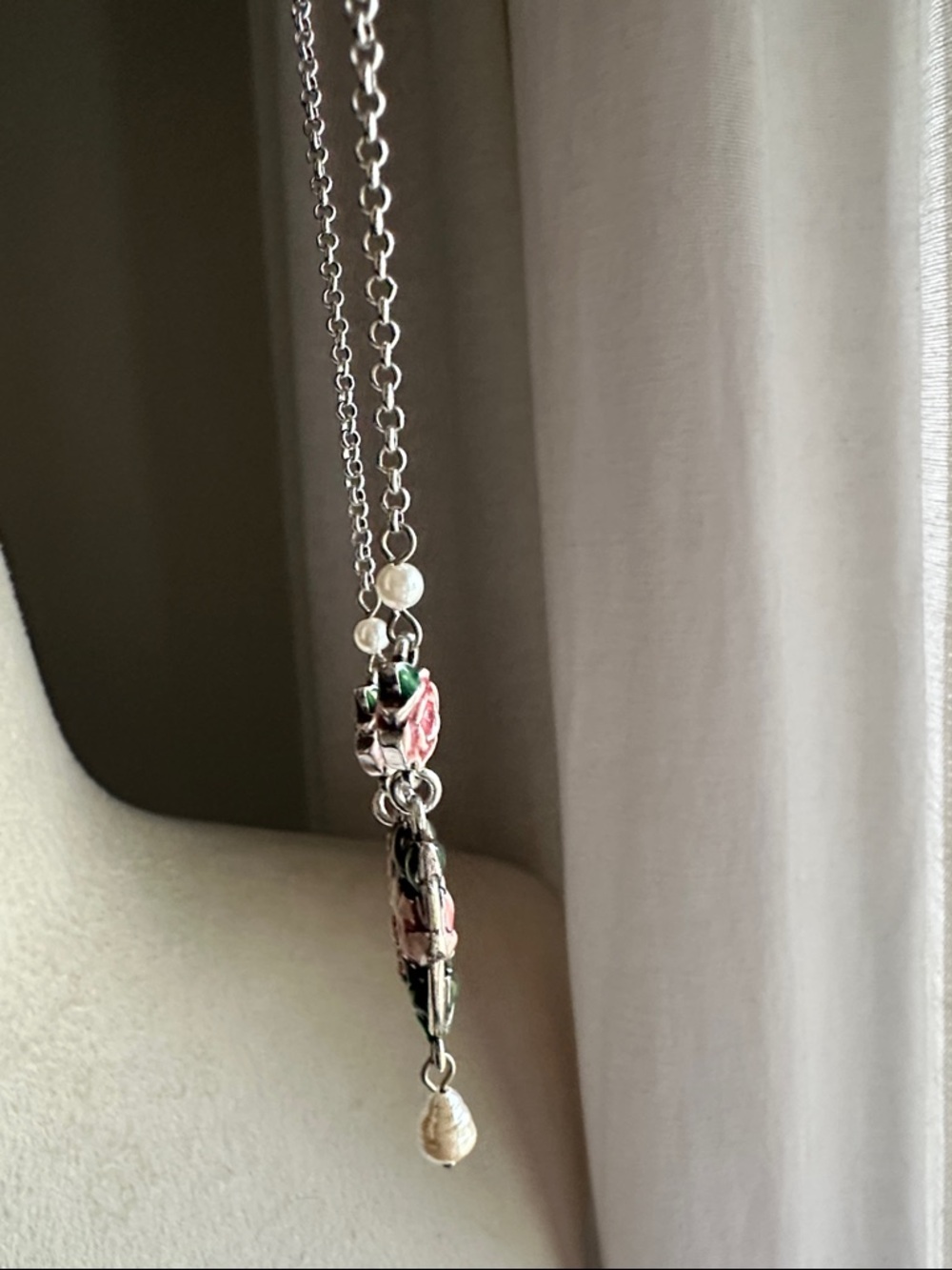 Brighton Silver-Tone Pink Enamel Rose Necklace with Pearl Drop - Picture 10 of 14